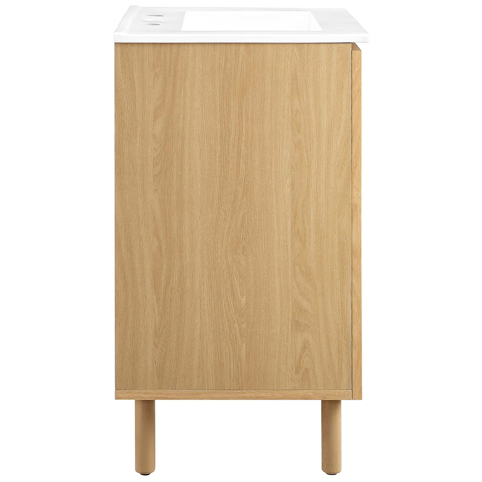 Slim white oak cabinet profile with dowel legs and ceramic sink top for a clean, modern look. || EEI-6677-WHI-OAK || side_studio