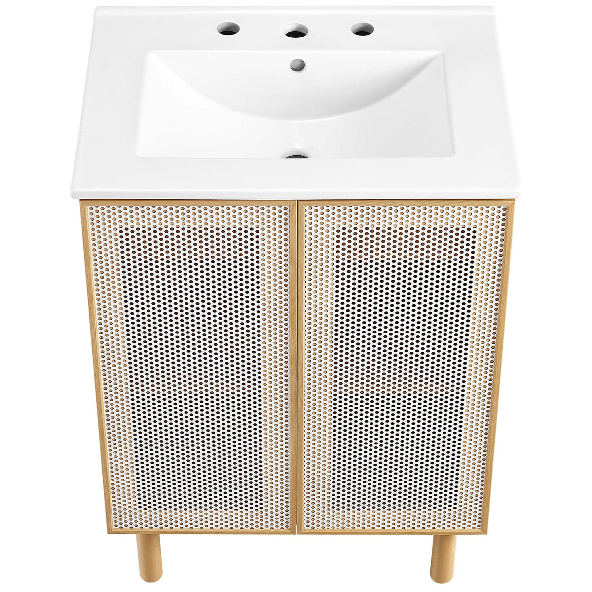 Sleek ceramic basin with three faucet holes crowns the perforated-door vanity. || EEI-6677-WHI-OAK || top_studio