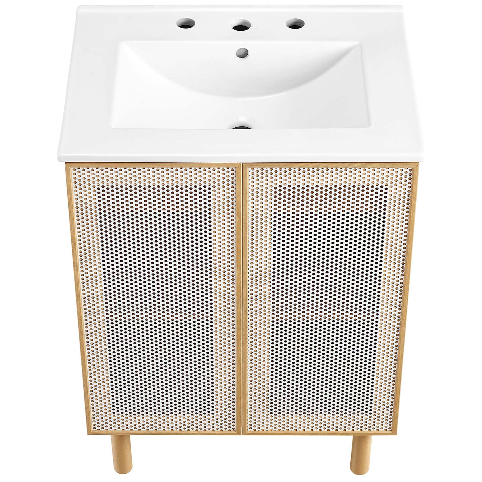 Sleek ceramic basin with three faucet holes crowns the perforated-door vanity. || EEI-6677-WHI-OAK || top_studio