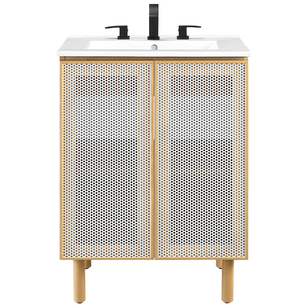Perforated metal-door vanity with white ceramic sink delivers fresh, minimalist bathroom style. || EEI-6677-WHI-OAK || front_studio