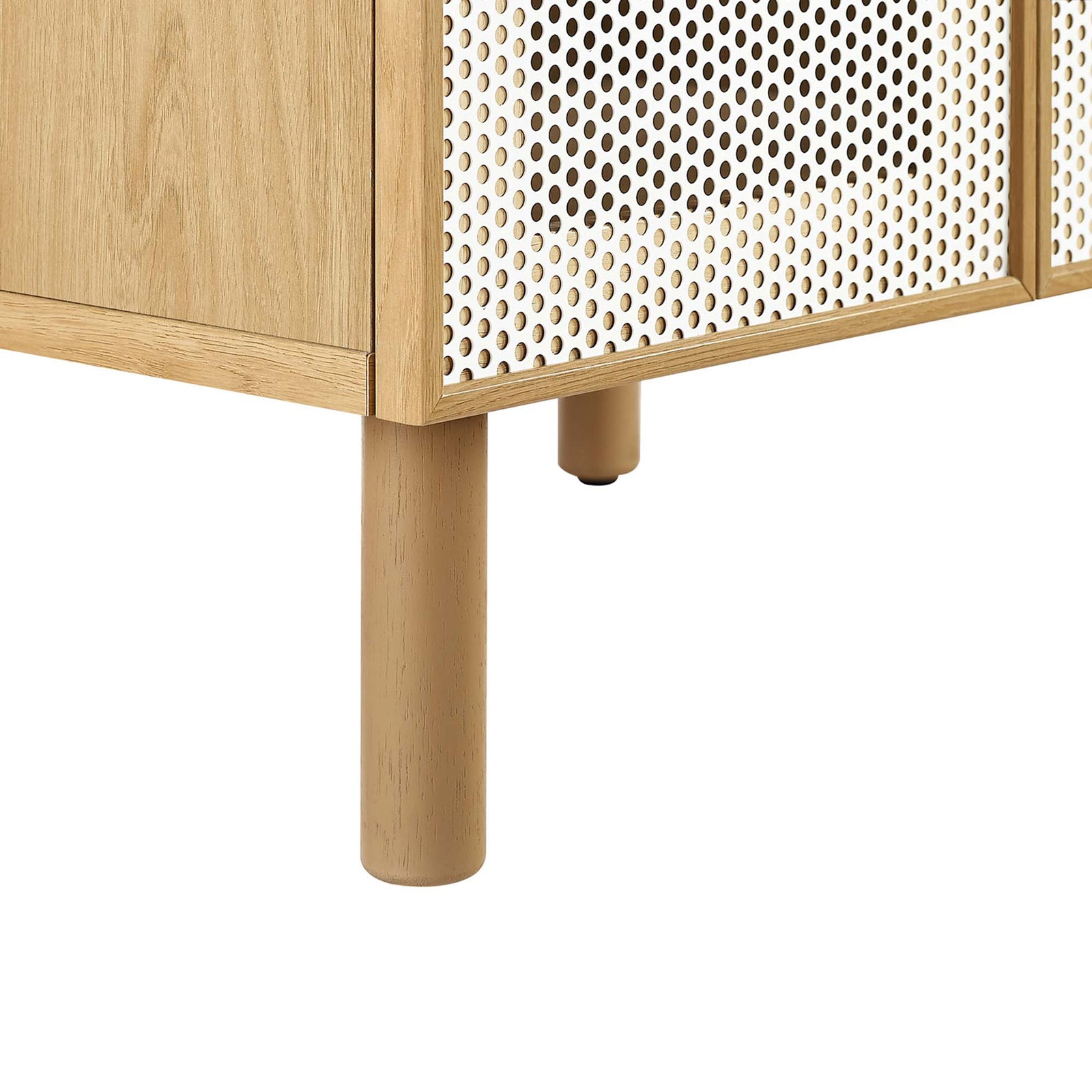 Rounded wood legs with adjustable foot levelers provide sturdy support and subtle lift. || EEI-6677-WHI-OAK || leg_studio