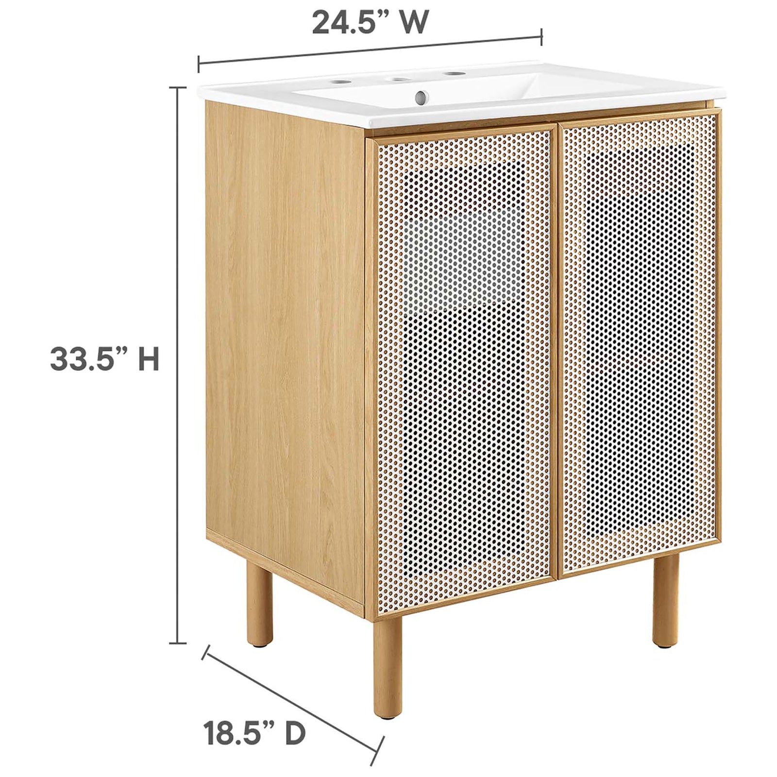 Vanity dimensions shown for compact bathrooms: 24.5 W x 18.5 D x 33.5 H inches. || EEI-6677-WHI-OAK || dimension_studio