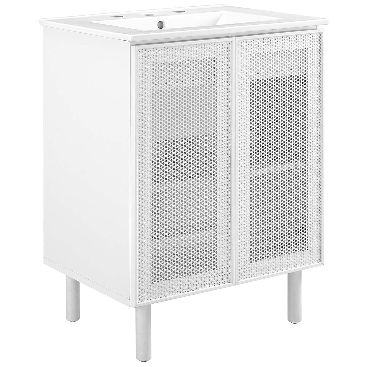 White vanity with perforated metal doors, sleek dowel legs, and a ceramic basin || EEI-6677-WHI-WHI || front_angle_studio