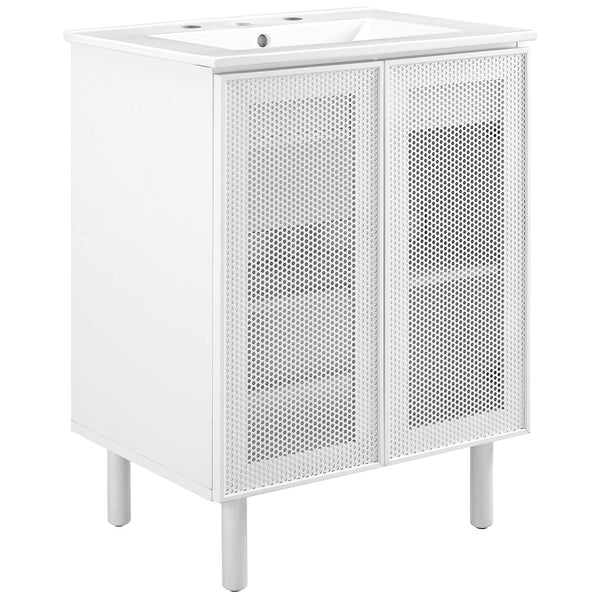 White vanity with perforated metal doors, sleek dowel legs, and a ceramic basin || EEI-6677-WHI-WHI || front_angle_studio