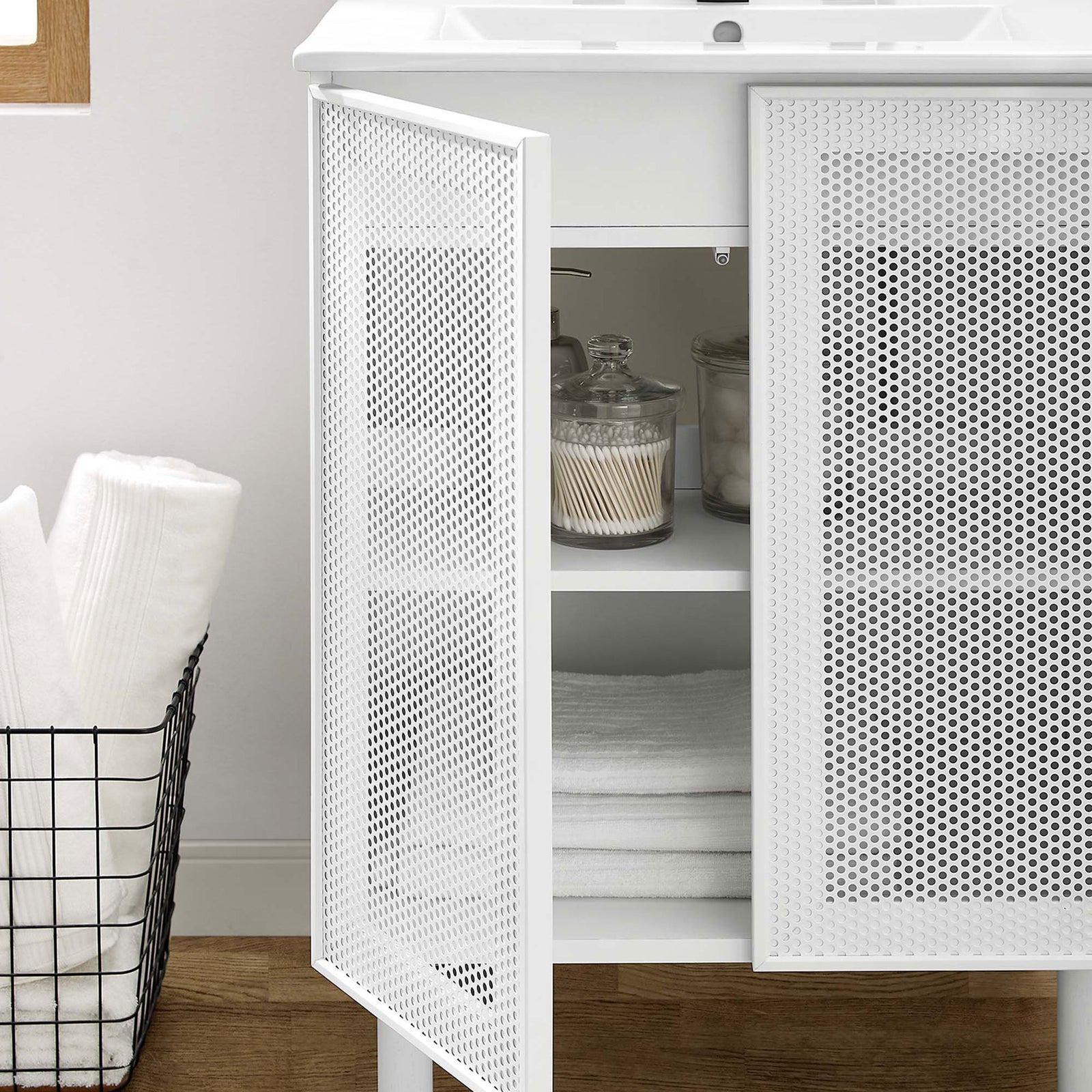 Cabinet doors reveal a roomy adjustable shelf for towels and bath essentials || EEI-6677-WHI-WHI || front_angle_open_room