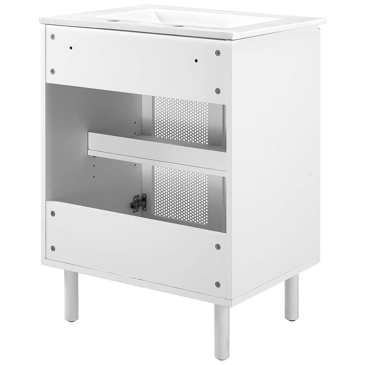 Open back design for easy plumbing access with sturdy frame and perforated panels || EEI-6677-WHI-WHI || back_angle_studio