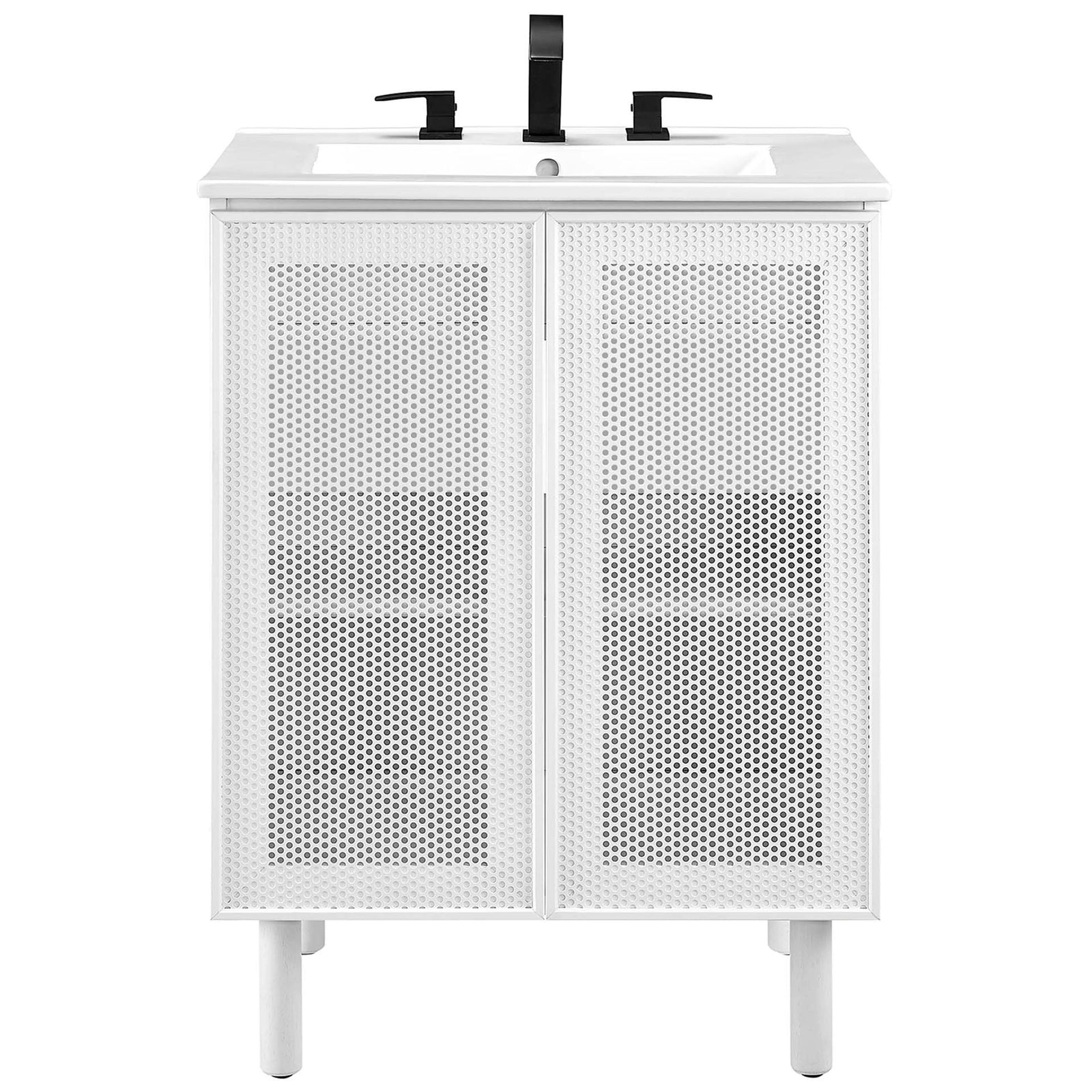 Crisp white vanity with perforated doors and an installed widespread faucet set || EEI-6677-WHI-WHI || front_studio