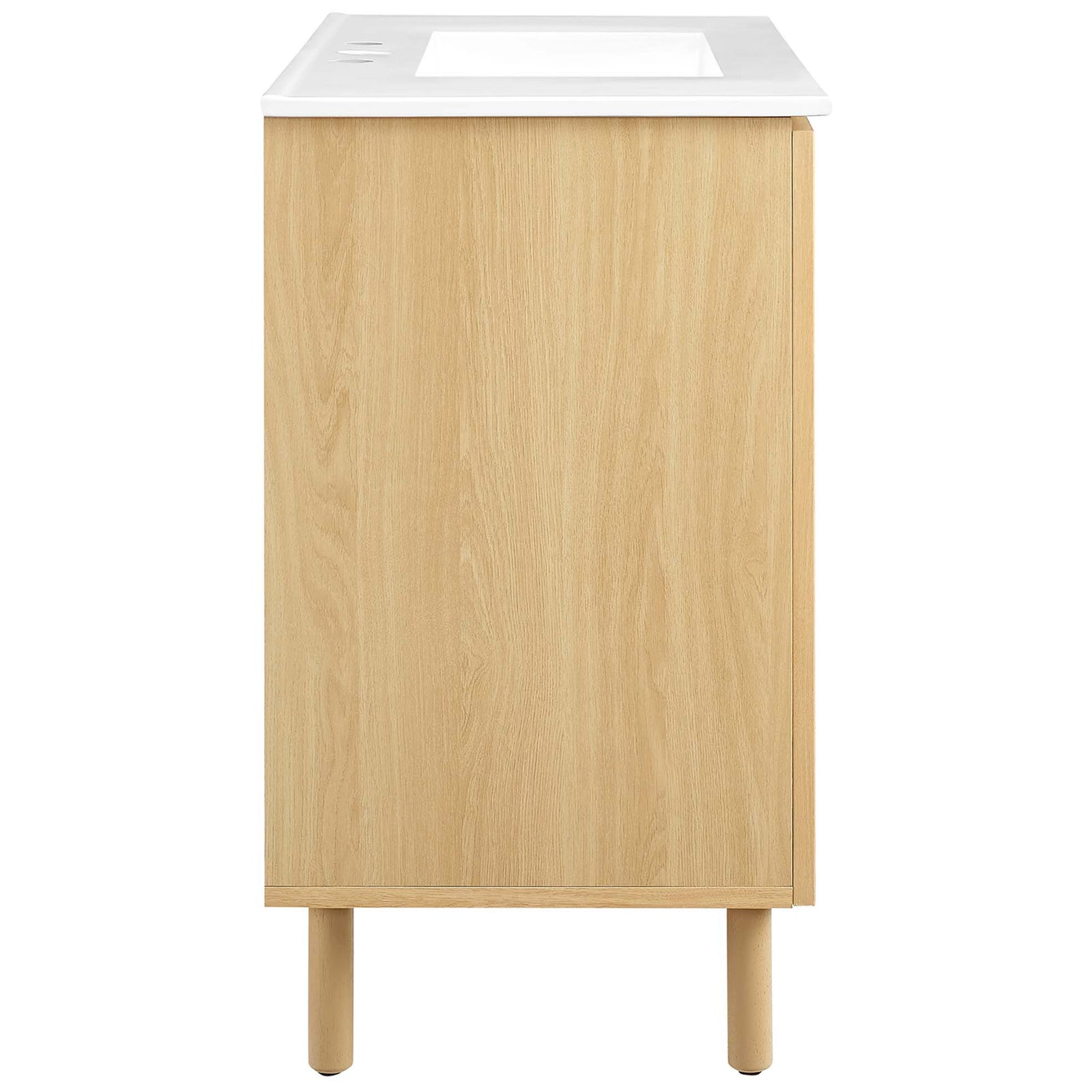Clean profile with wood grain laminate and a slim silhouette on raised legs. || EEI-6678-WHI-OAK || side_studio
