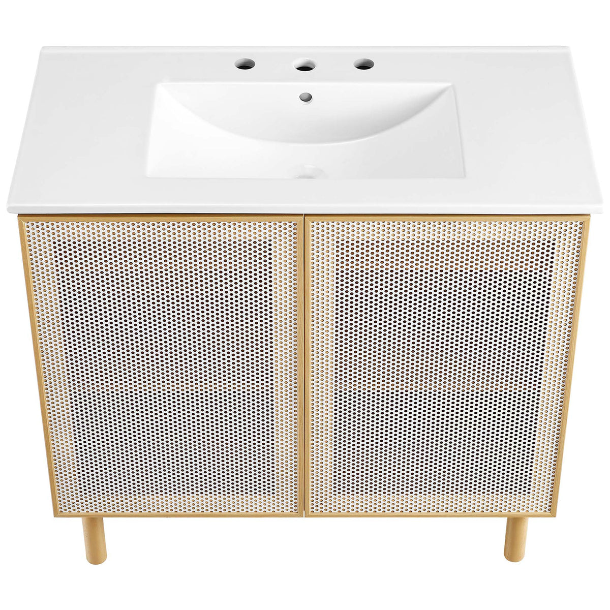 Generous ceramic sink top with three-hole faucet spacing complements the perforated facade. || EEI-6678-WHI-OAK || top_studio