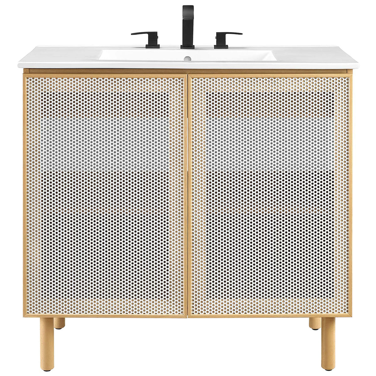 Contemporary vanity with perforated doors and crisp ceramic sink makes a striking focal point. || EEI-6678-WHI-OAK || front_studio