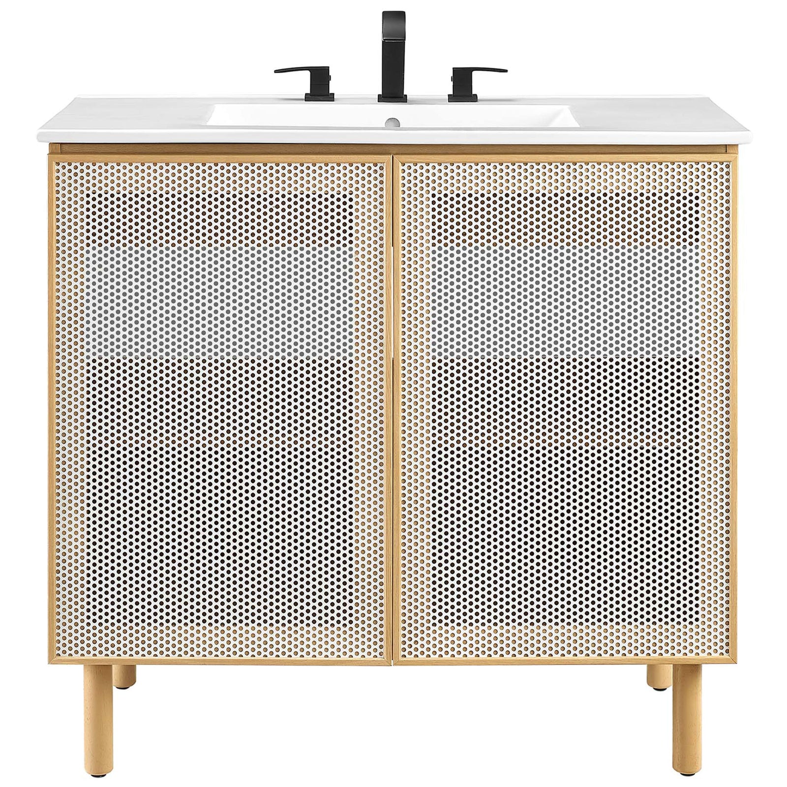 Contemporary vanity with perforated doors and crisp ceramic sink makes a striking focal point. || EEI-6678-WHI-OAK || front_studio