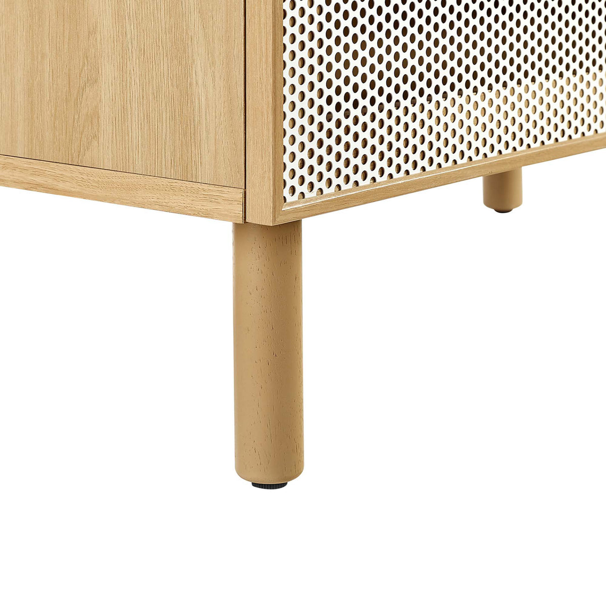 Sturdy round legs with protective levelers keep the cabinet balanced on uneven floors. || EEI-6678-WHI-OAK || leg_studio