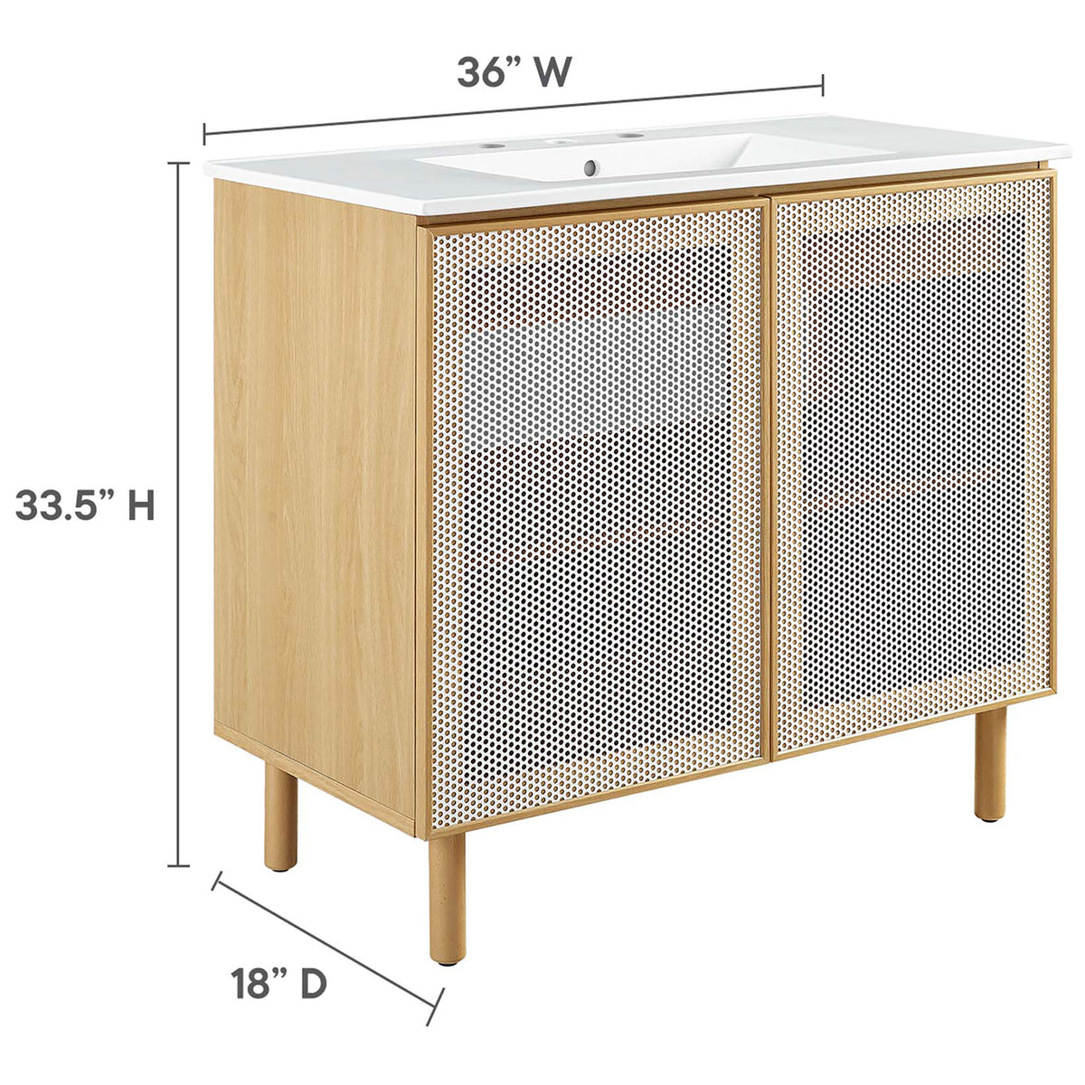 Overall size: 36 W x 18 D x 33.5 H inches for spacious single-sink storage. || EEI-6678-WHI-OAK || dimension_studio