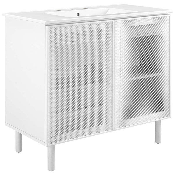 White 36 in. vanity with perforated metal doors, slim legs, and a ceramic basin || EEI-6678-WHI-WHI || front_angle_studio