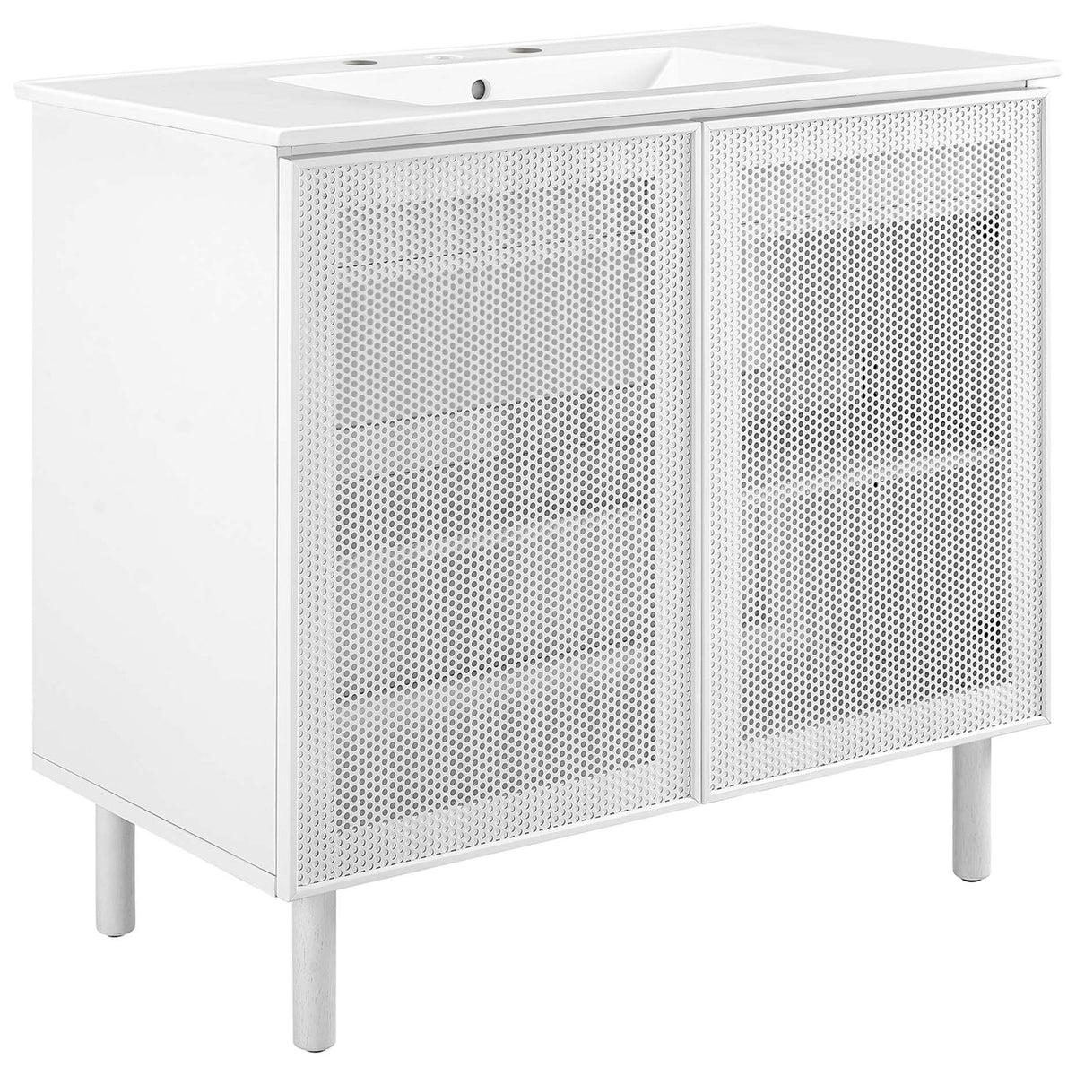 White 36 in. vanity with perforated metal doors, slim legs, and a ceramic basin || EEI-6678-WHI-WHI || front_angle_studio