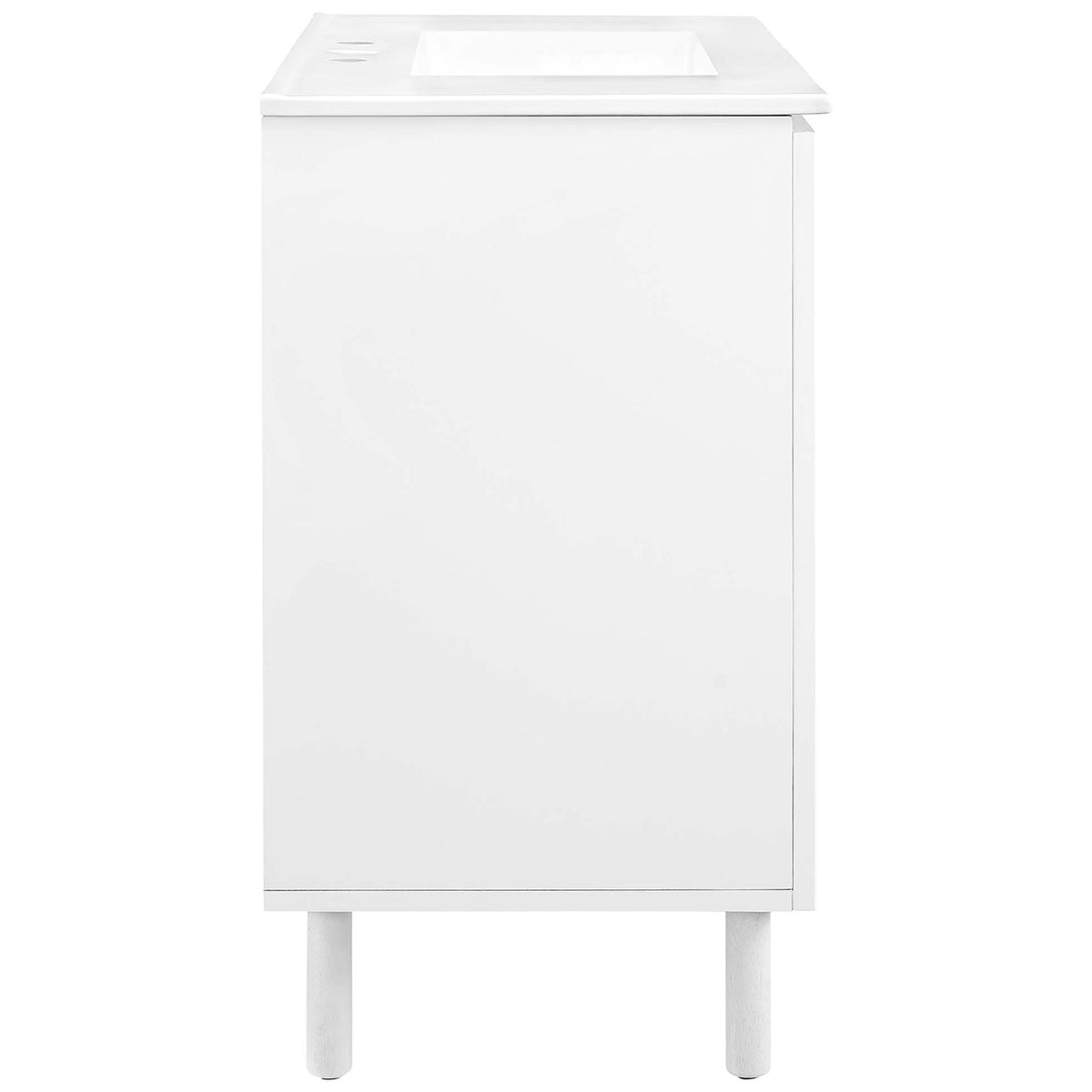 Clean side view highlighting the smooth laminate cabinet and tall round legs || EEI-6678-WHI-WHI || side_studio
