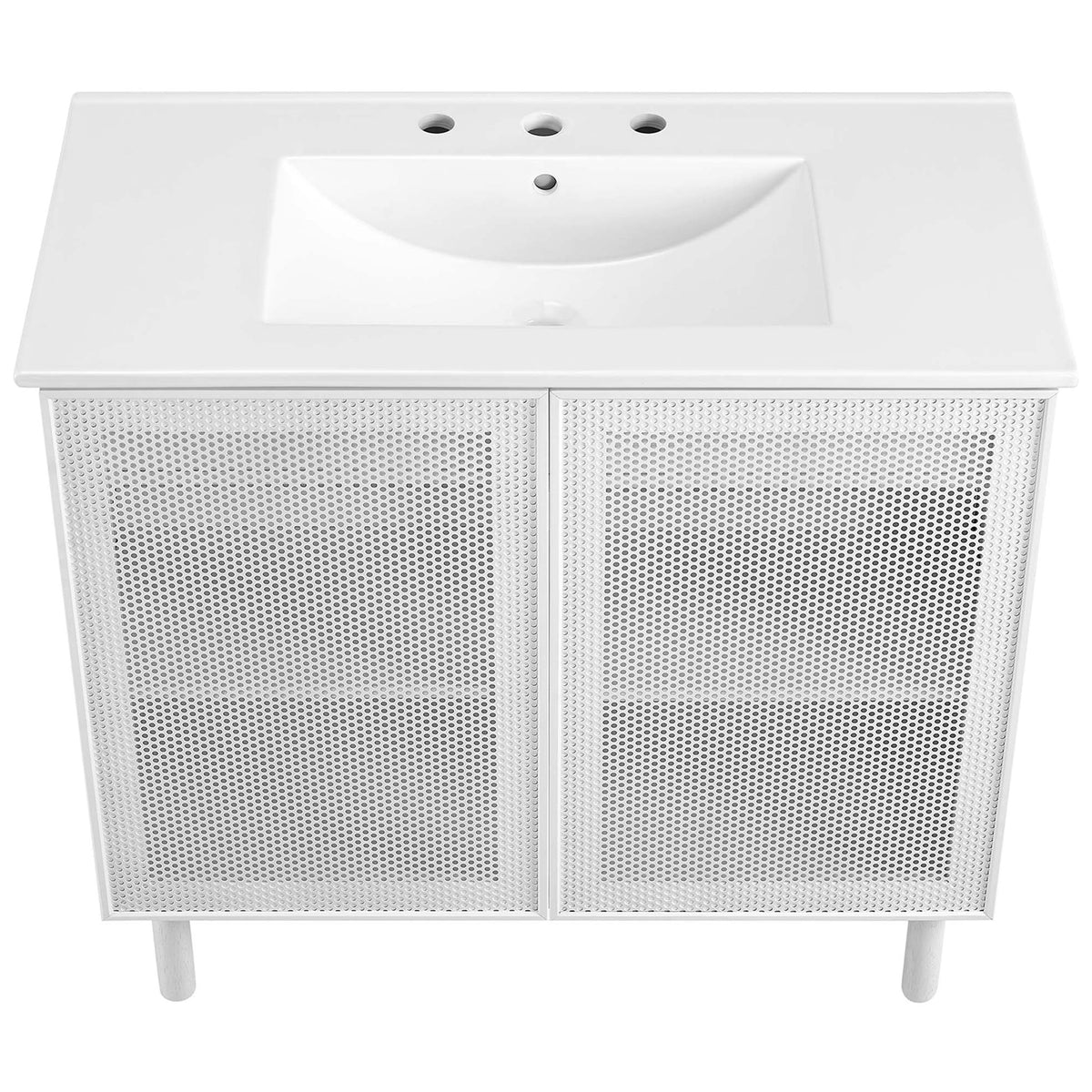Wide ceramic basin with 8 in. widespread holes and a softly contoured bowl || EEI-6678-WHI-WHI || top_studio
