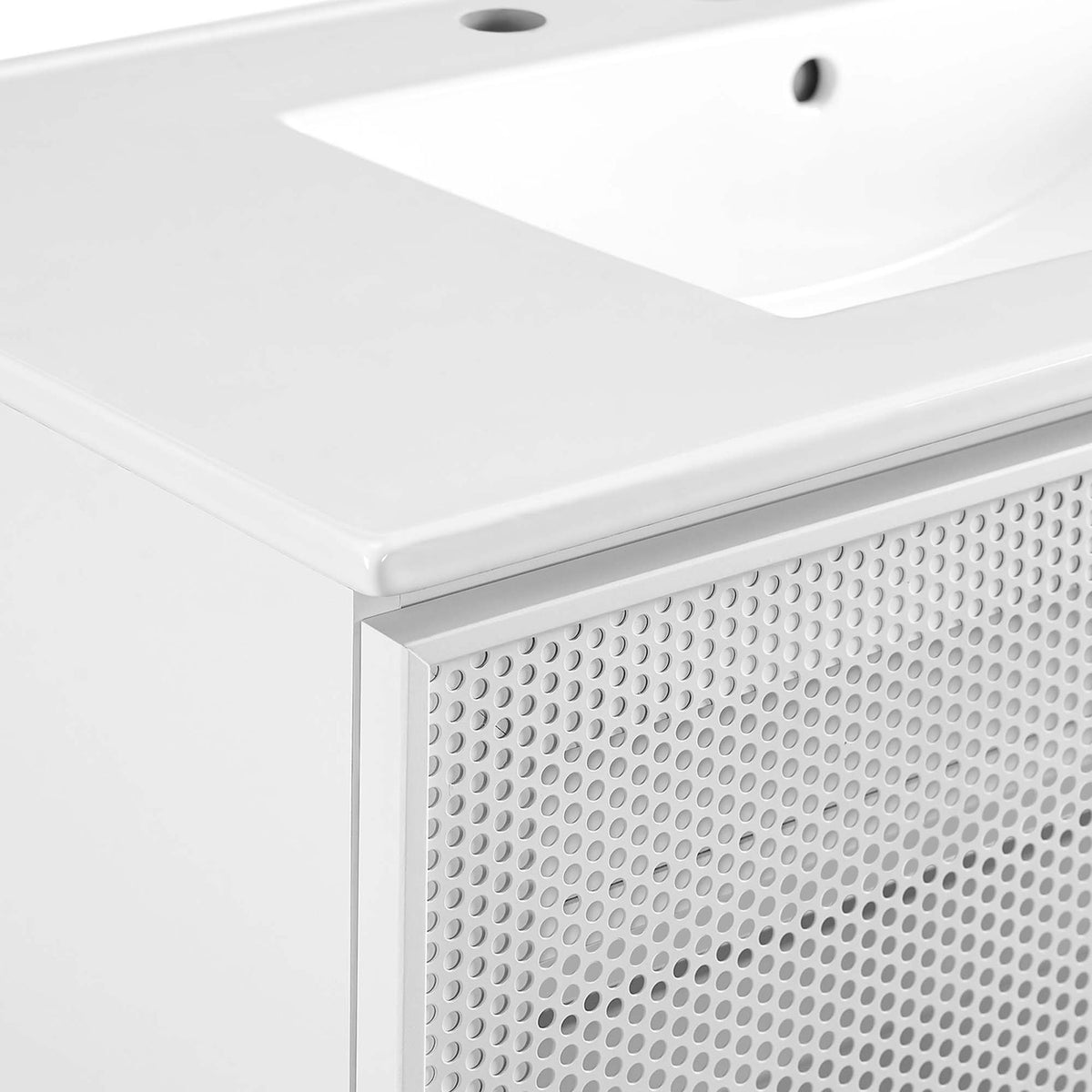 Perforated metal door texture pairs with the smooth ceramic top for modern appeal || EEI-6678-WHI-WHI || detail_studio