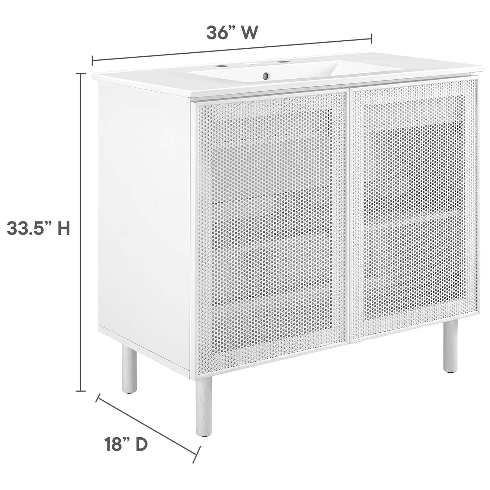 Generous 36 in. wide vanity stands 33.5 in. high and 18 in. deep || EEI-6678-WHI-WHI || dimension_studio