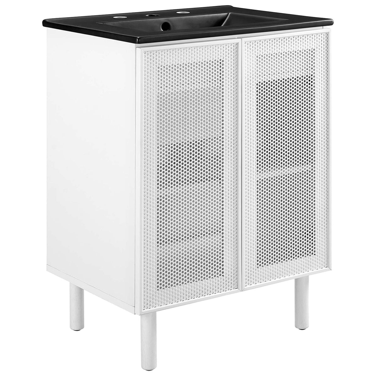 Contemporary 24-inch vanity with perforated doors and a black sink for bold contrast || EEI-6679-BLK-WHI || front_angle_studio