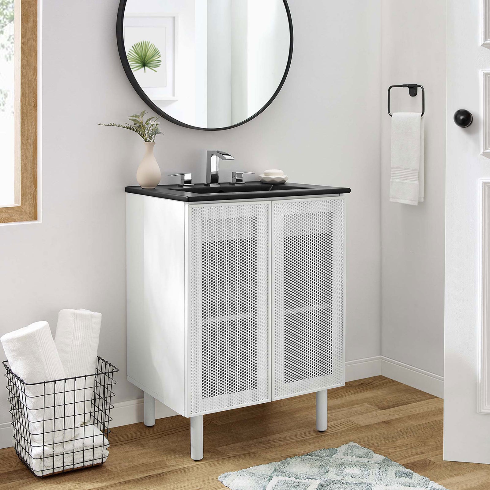 Modern 24-inch vanity completes a bright bath with sleek contrast and clean lines || EEI-6679-BLK-WHI || front_room