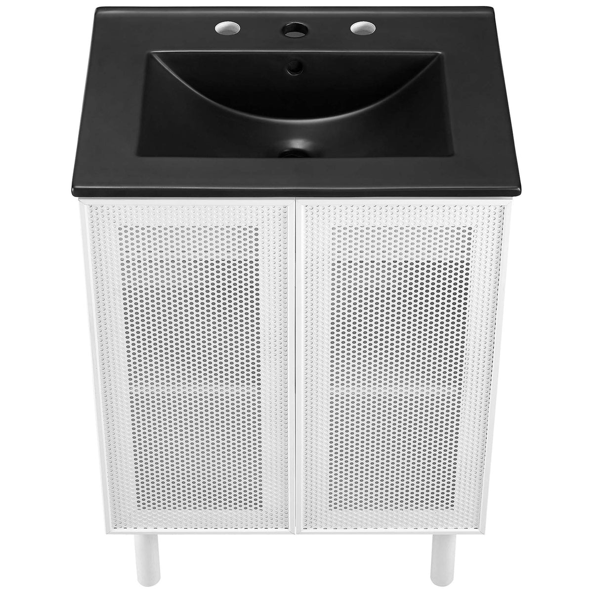 Spacious black ceramic basin with 8-inch faucet holes crowns the vanity || EEI-6679-BLK-WHI || top_studio