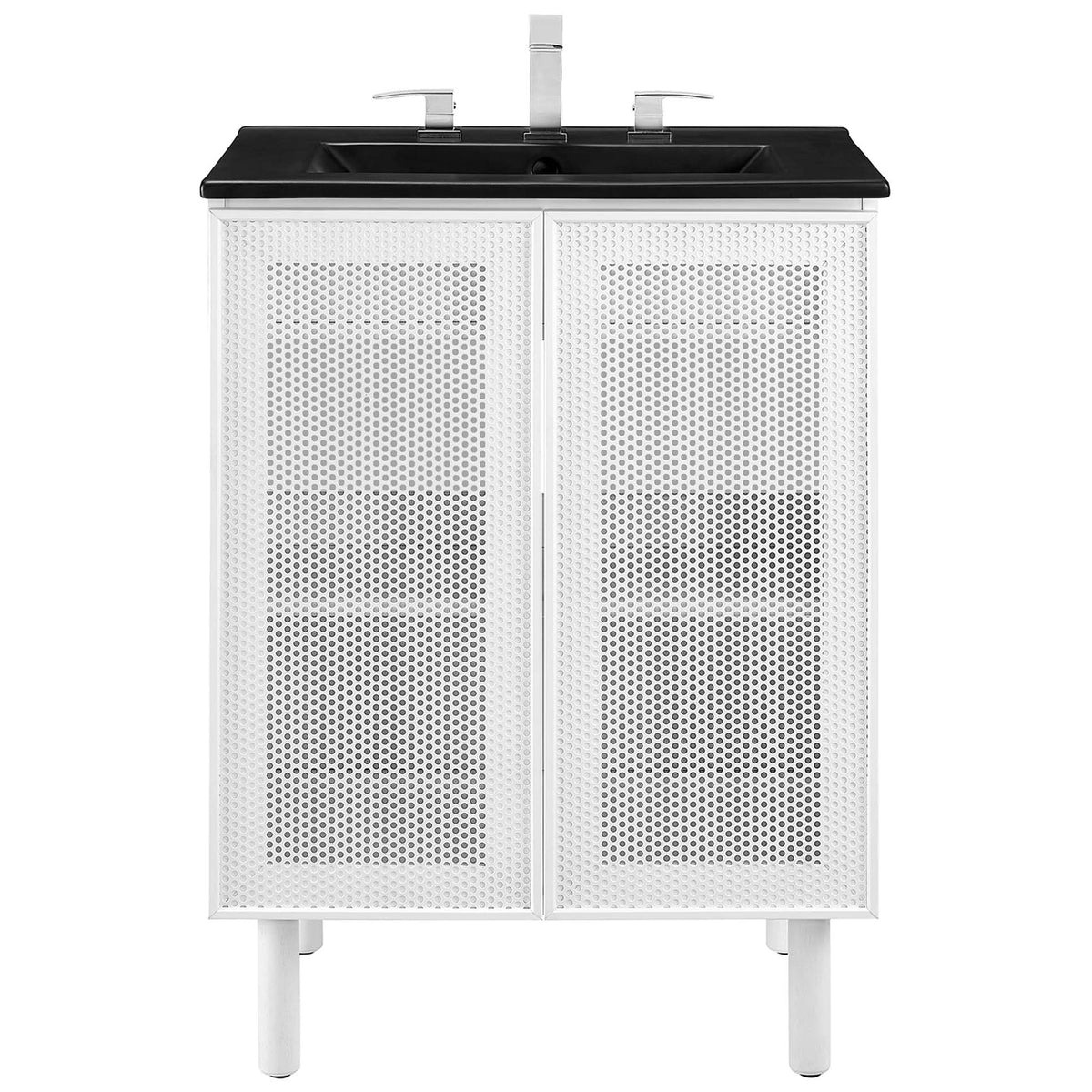 24-inch vanity pairs a matte black basin with crisp white perforated doors || EEI-6679-BLK-WHI || front_studio