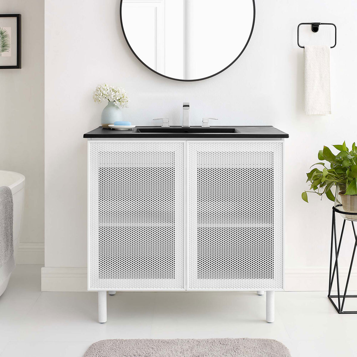 36-inch vanity anchors the bath with clean geometry and striking monochrome style || EEI-6680-BLK-WHI || front_room