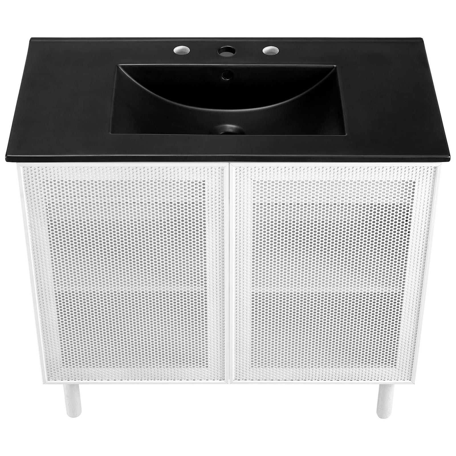 Wide ceramic sink with 8-inch faucet mounting offers ample washing space || EEI-6680-BLK-WHI || top_studio