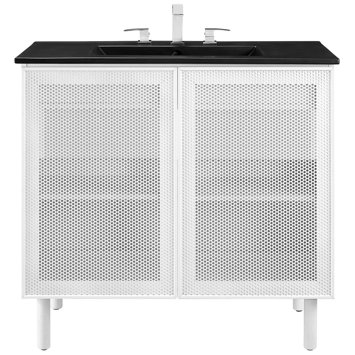 36-inch vanity showcases bold black basin above white perforated metal doors || EEI-6680-BLK-WHI || front_studio