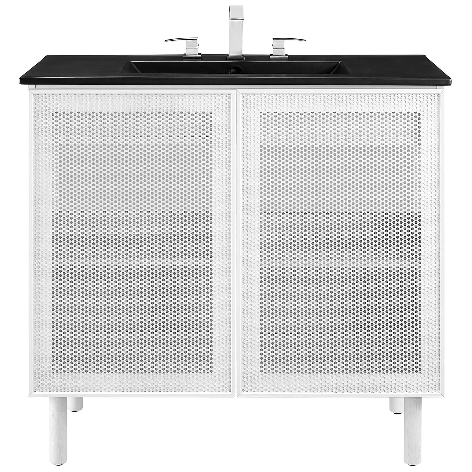 36-inch vanity showcases bold black basin above white perforated metal doors || EEI-6680-BLK-WHI || front_studio