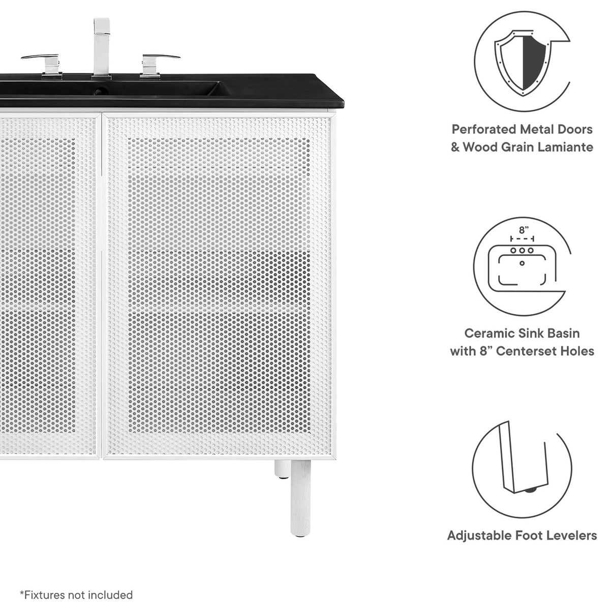 Feature highlights: perforated doors, ceramic basin, and adjustable levelers || EEI-6680-BLK-WHI || callout_studio