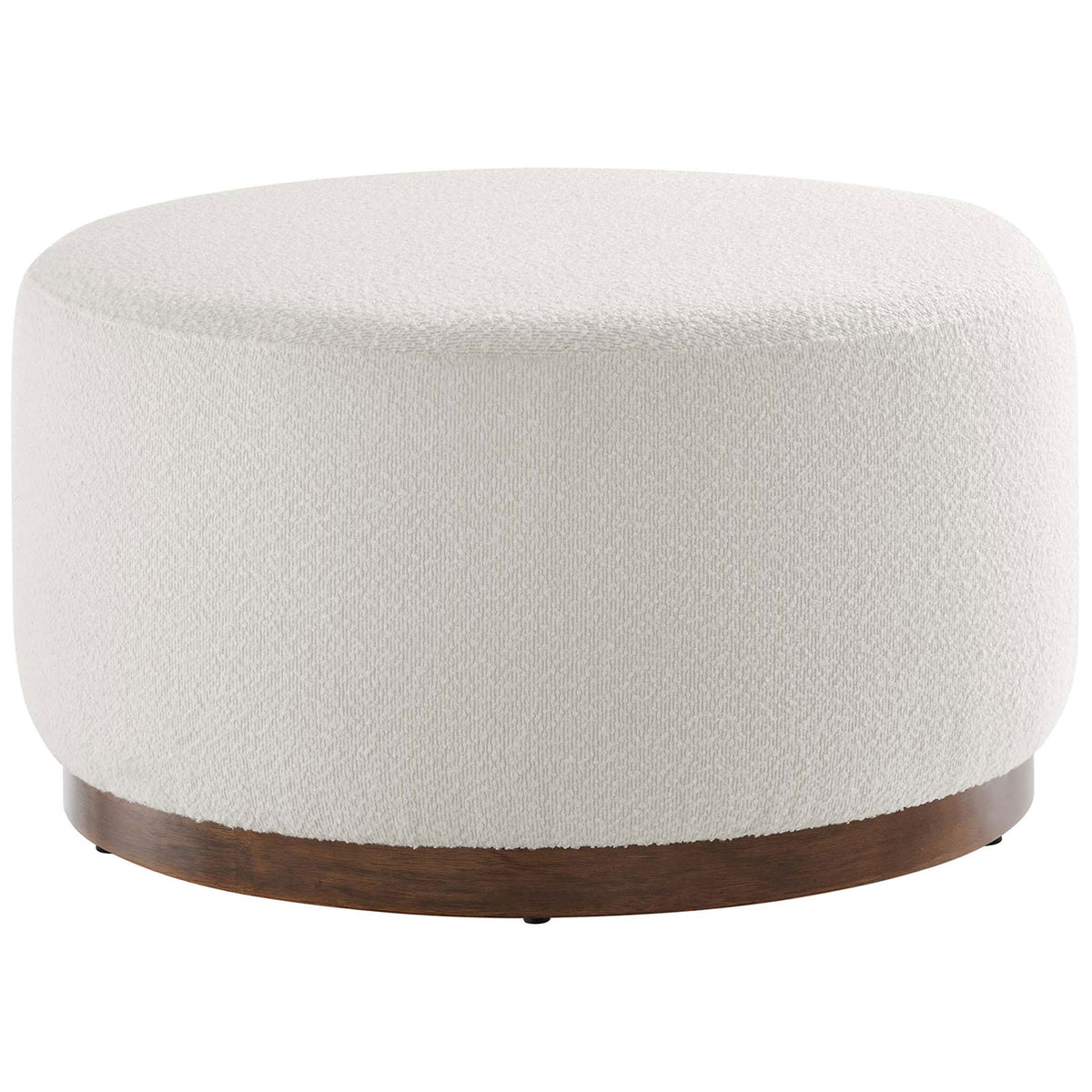 Round cloud boucle ottoman with walnut plinth base for modern living rooms || EEI-6681-CLO-WAL || front_angle_studio
