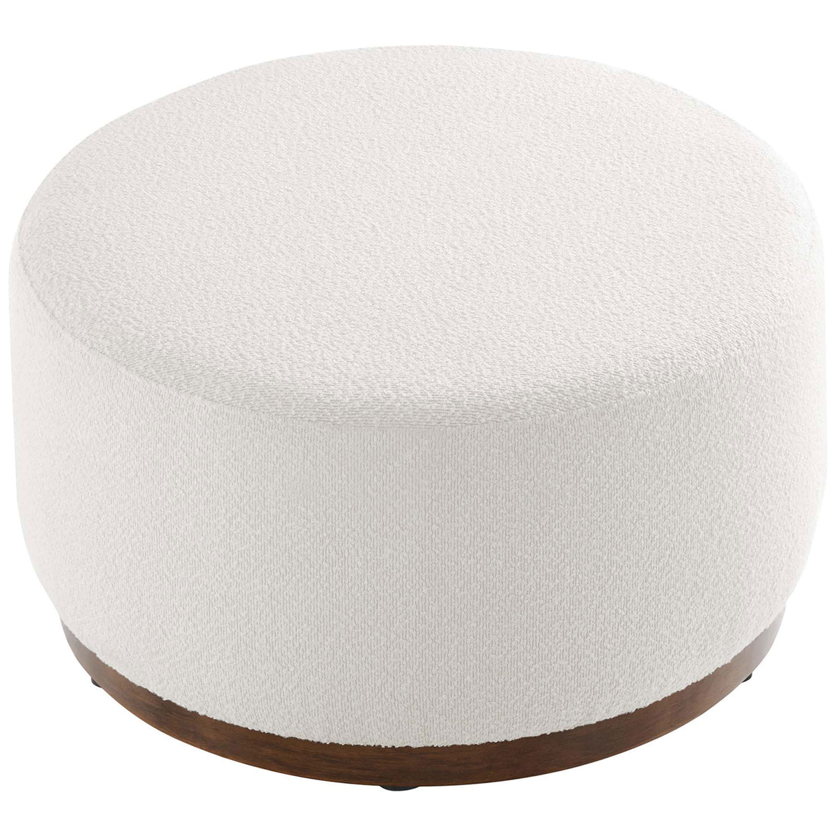 Plush round boucle ottoman with generous cushioned seat and cloud white upholstery || EEI-6681-CLO-WAL || top_angle_studio