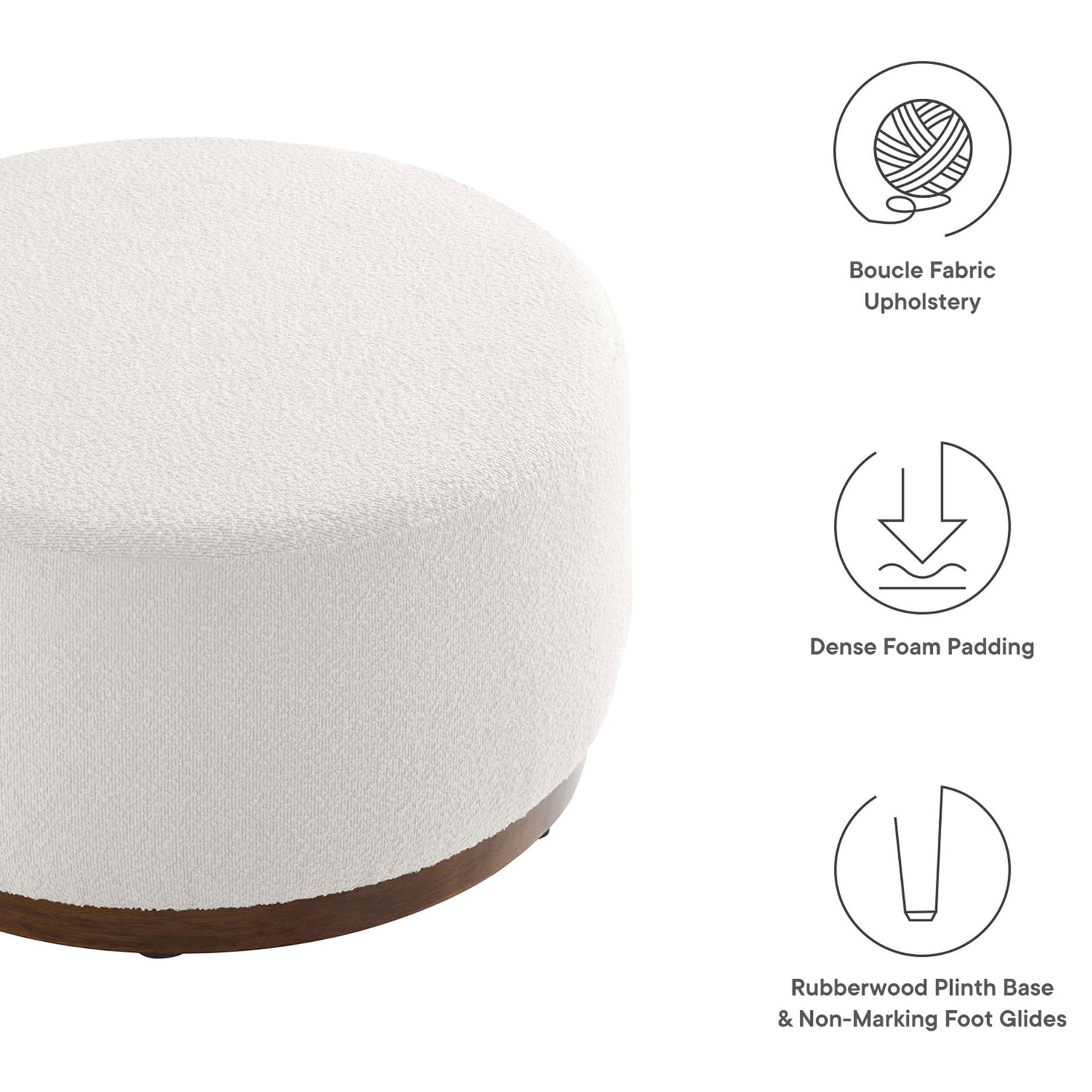 Cloud boucle ottoman highlighting dense foam padding and walnut plinth base features || EEI-6681-CLO-WAL || callout_studio