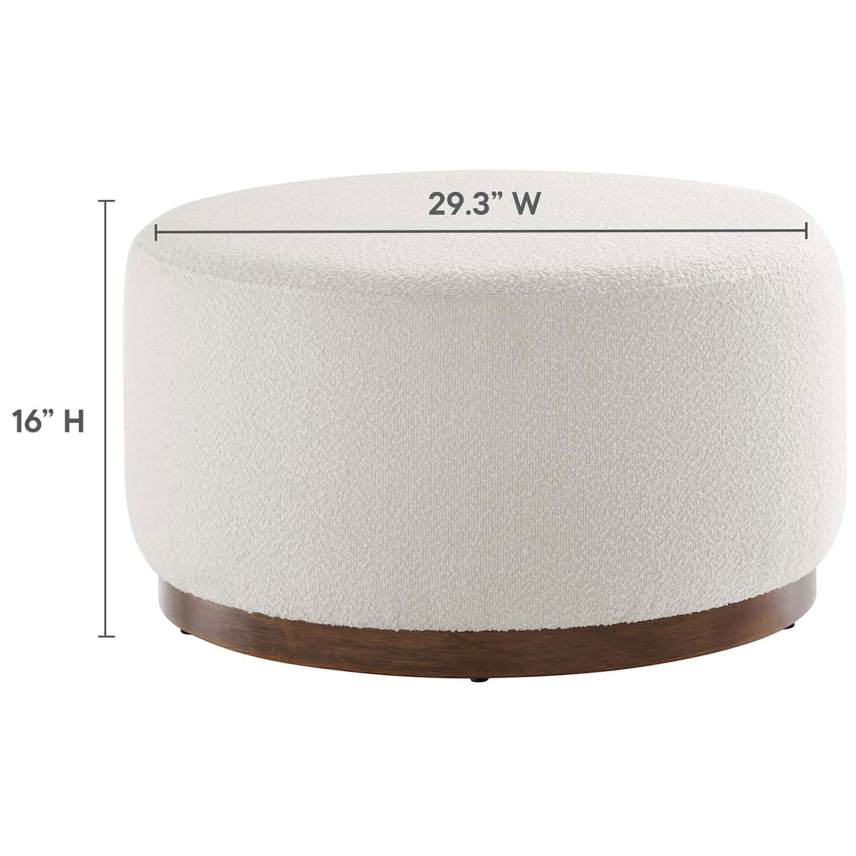 29 inch round cloud boucle ottoman with 16 inch height illustrated in simple dimensions || EEI-6681-CLO-WAL || dimension_studio