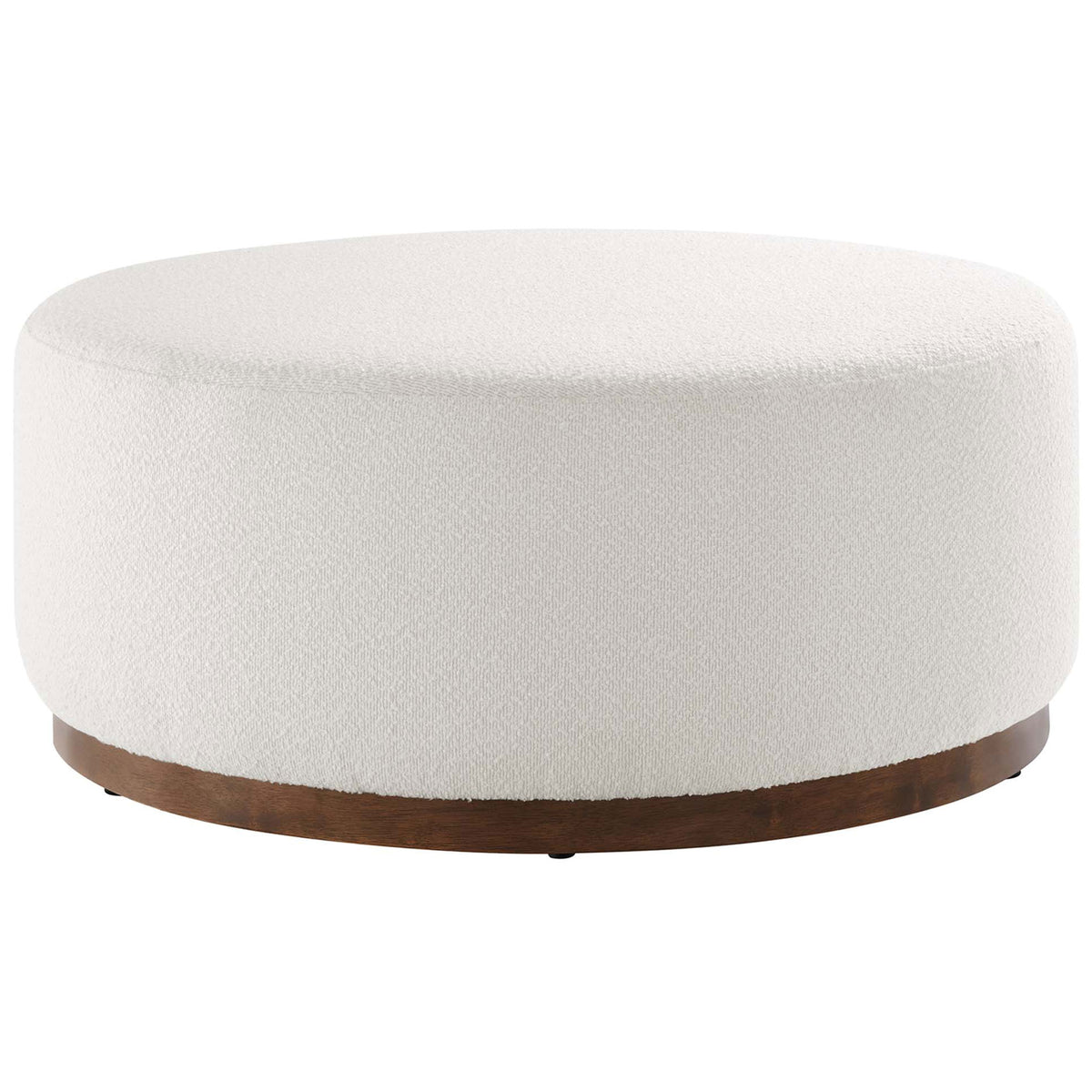 Oversized round cloud boucle ottoman with low walnut plinth base for relaxed lounging || EEI-6682-CLO-WAL || front_angle_studio