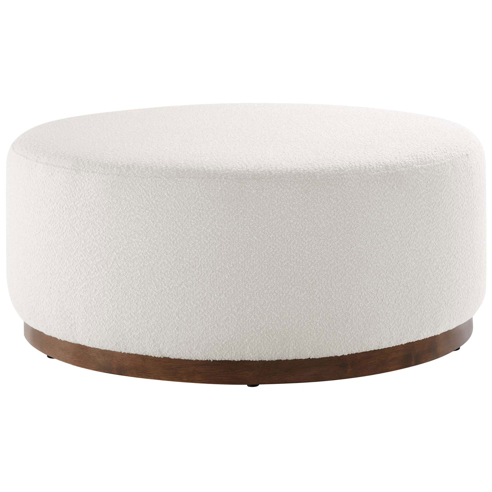 Oversized round cloud boucle ottoman with low walnut plinth base for relaxed lounging || EEI-6682-CLO-WAL || front_angle_studio