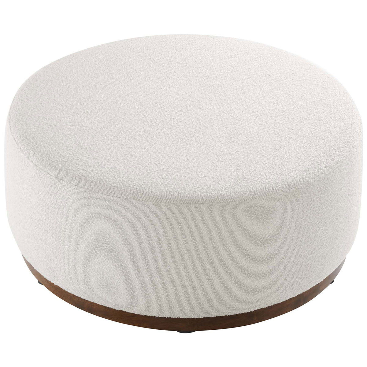 Wide cushioned surface of the large round boucle ottoman in soft cloud white upholstery || EEI-6682-CLO-WAL || top_angle_studio