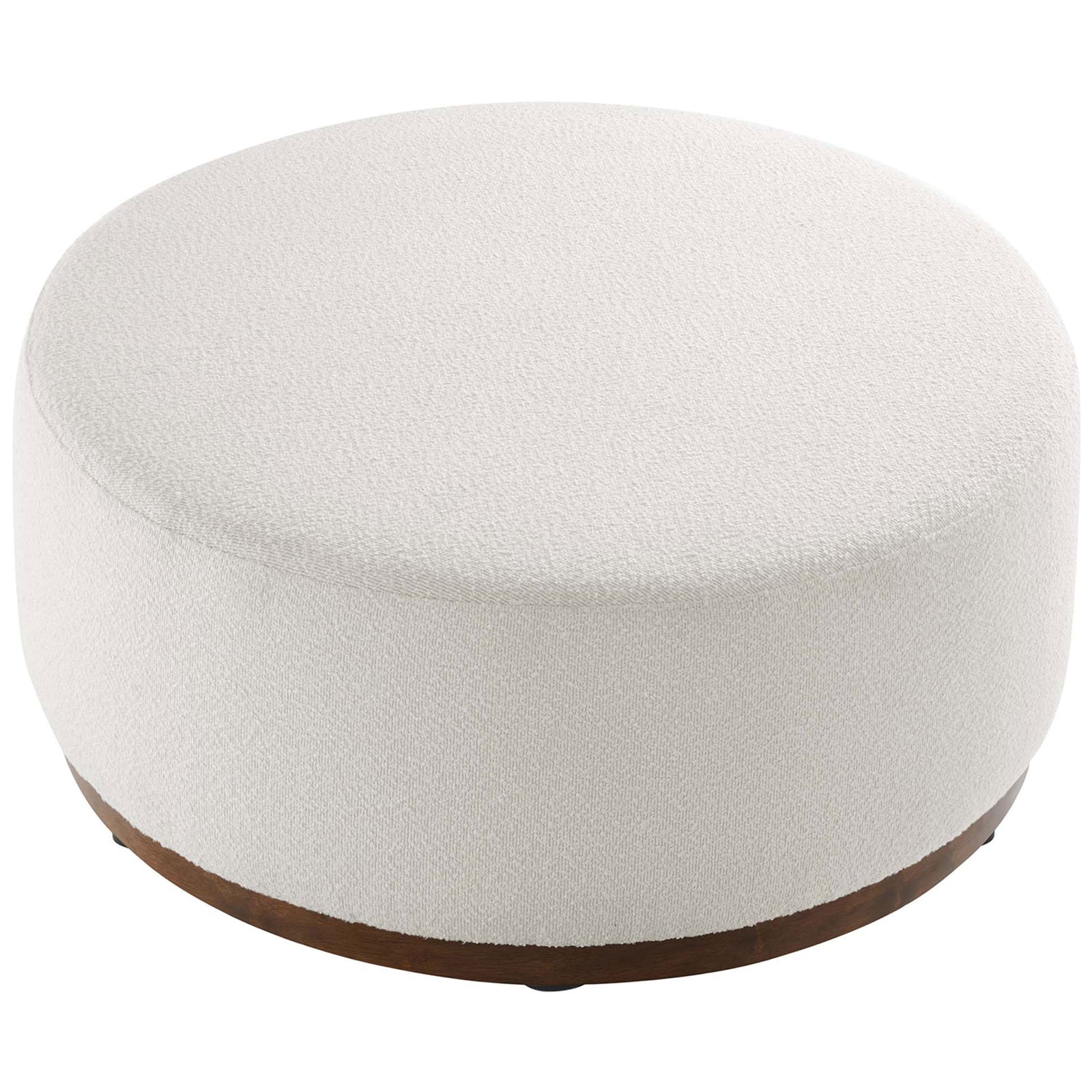 Wide cushioned surface of the large round boucle ottoman in soft cloud white upholstery || EEI-6682-CLO-WAL || top_angle_studio