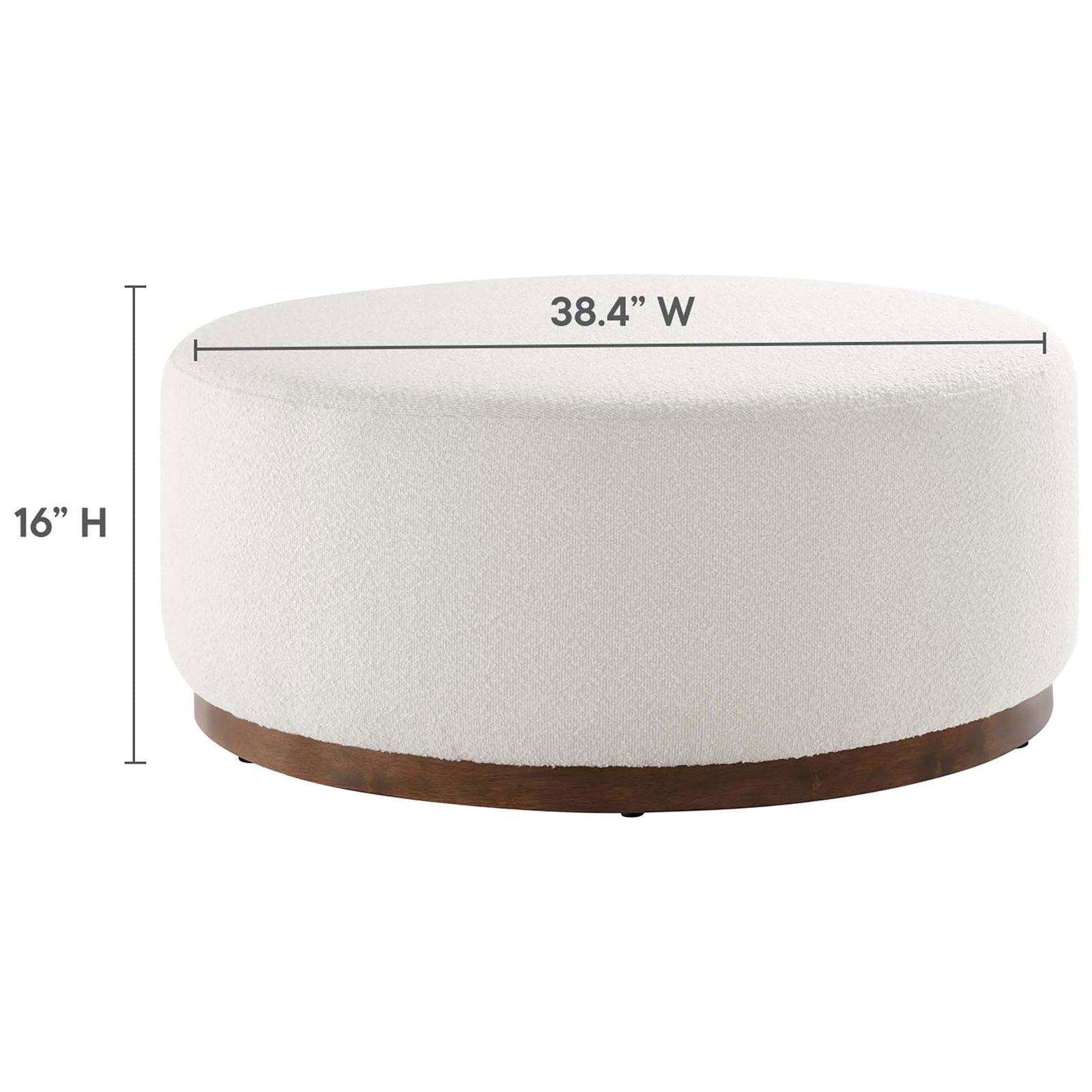 38 inch round cloud boucle ottoman with 16 inch height shown with measurement lines || EEI-6682-CLO-WAL || dimension_studio