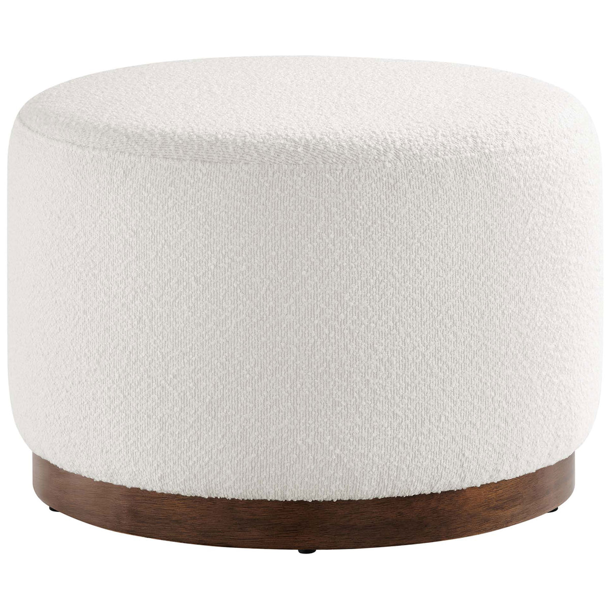 Round white boucle ottoman with warm walnut plinth base adds soft texture to any living space || EEI-6683-CLO-WAL || front_studio
