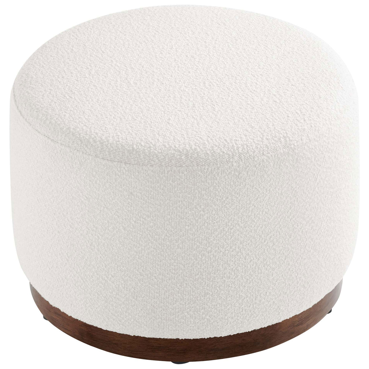Generously cushioned round ottoman in cloud boucle with a contrasting walnut base for modern style || EEI-6683-CLO-WAL || front_angle_studio
