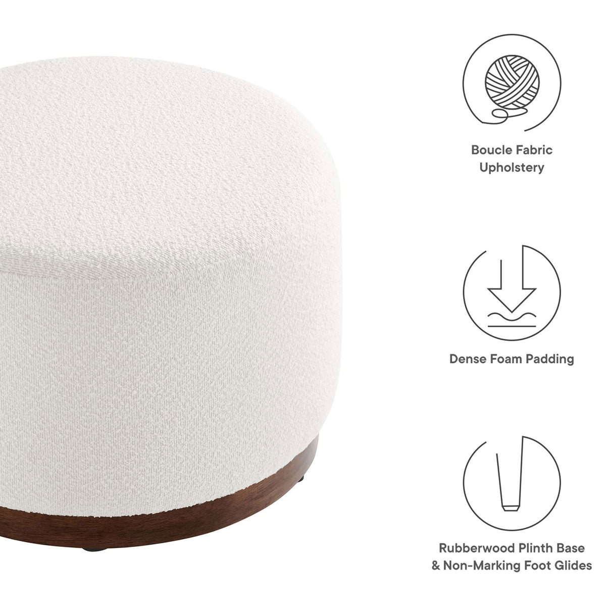 Tilden ottoman shown with icons highlighting boucle fabric, dense foam cushion, and protective base glides || EEI-6683-CLO-WAL || callout_studio