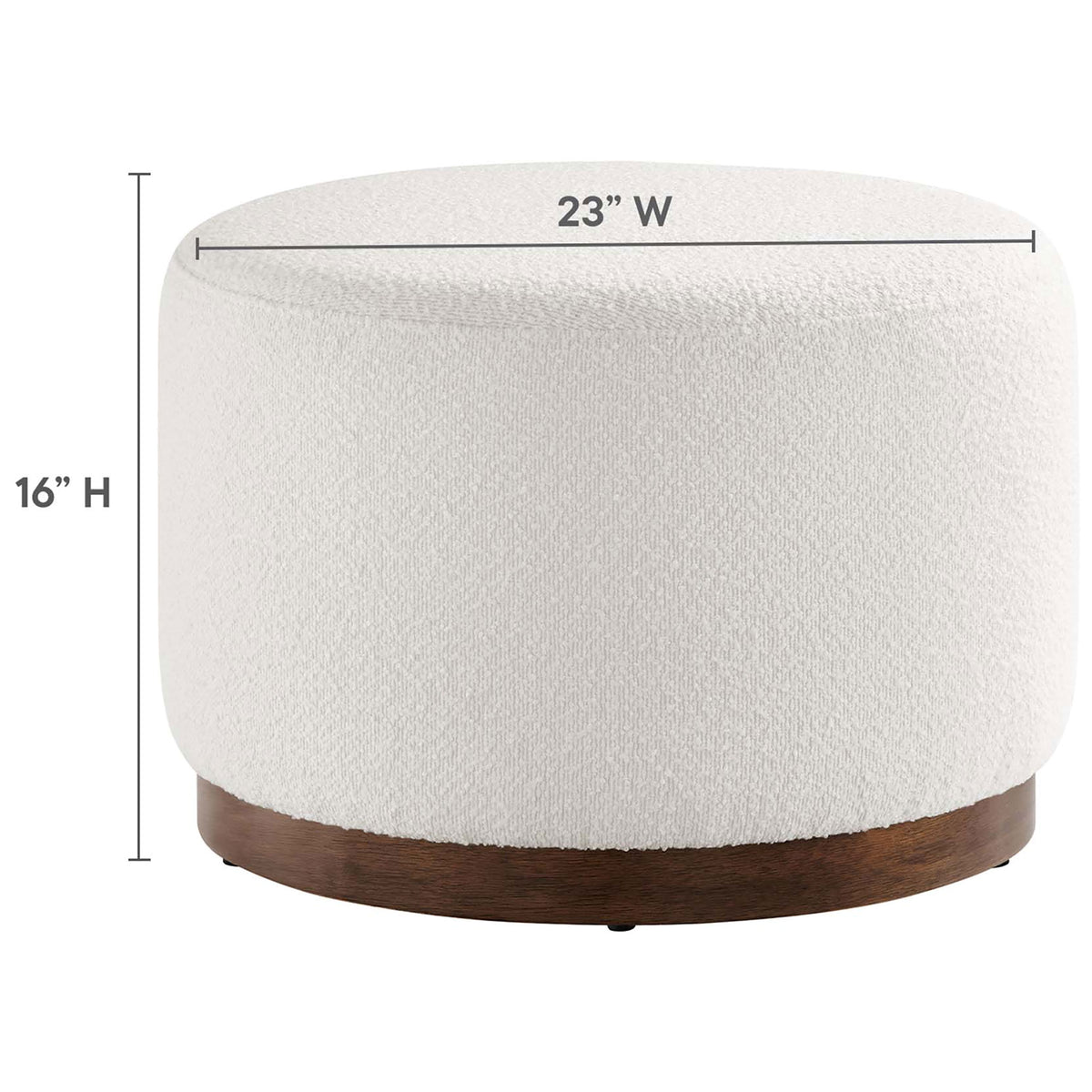 Round boucle ottoman with walnut base featuring clearly marked 23 inch width and 16 inch height dimensions || EEI-6683-CLO-WAL || dimension_studio
