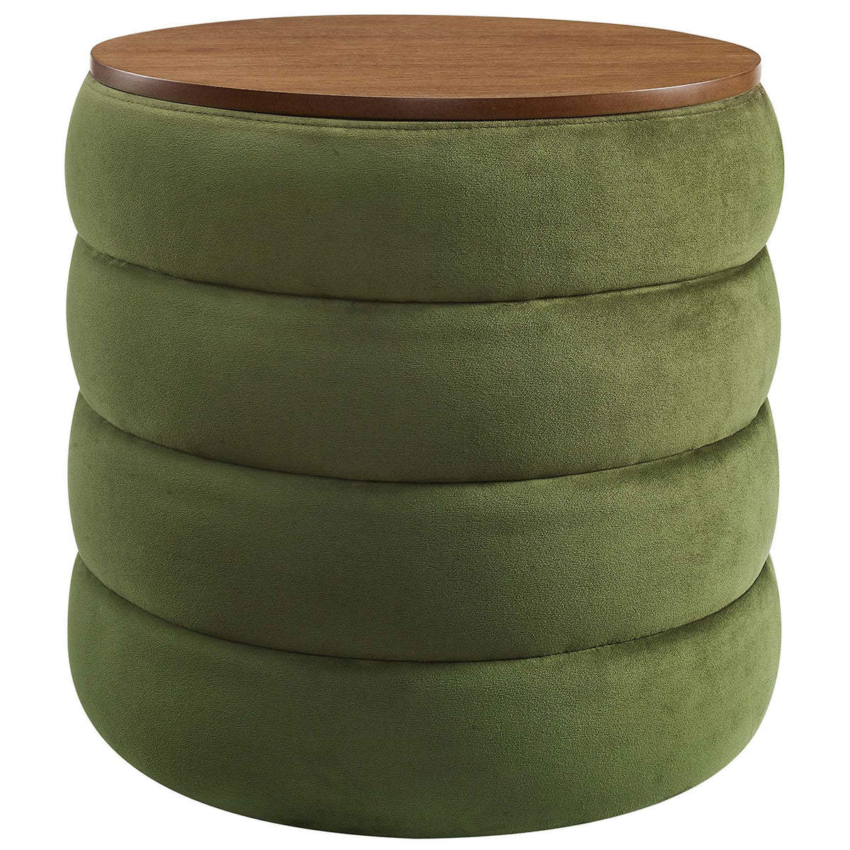 Moss green velvet storage ottoman with channel tufted sides and a smooth wood grain lid || EEI-6684-MOG || front_studio