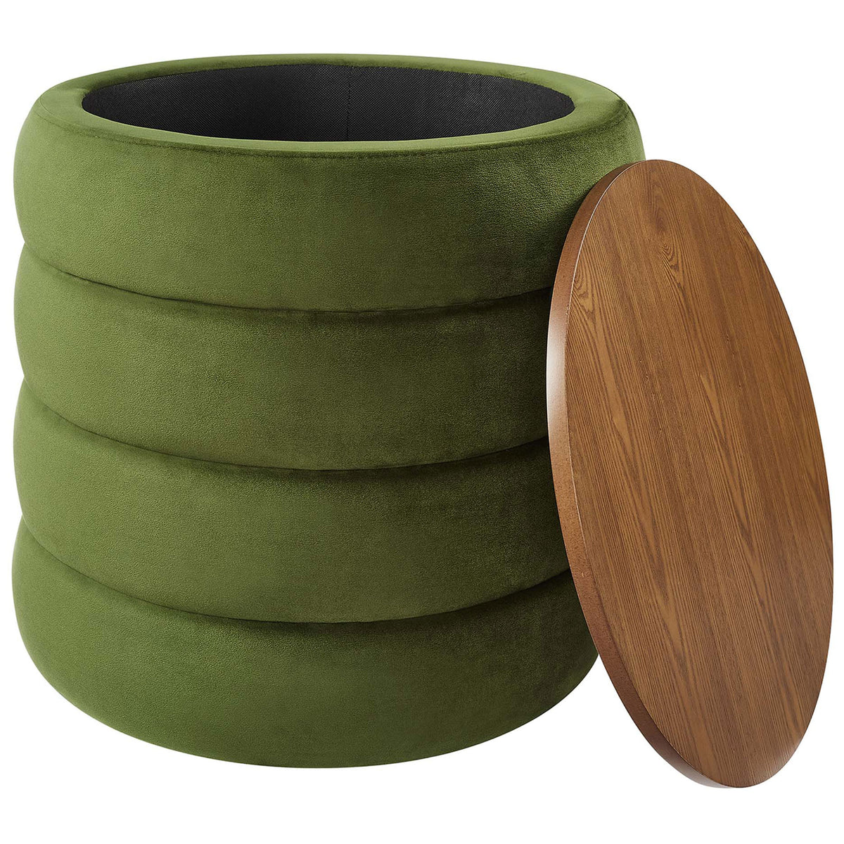 Round moss green velvet ottoman with the wood lid removed to reveal a spacious hidden storage compartment || EEI-6684-MOG || front_open_studio
