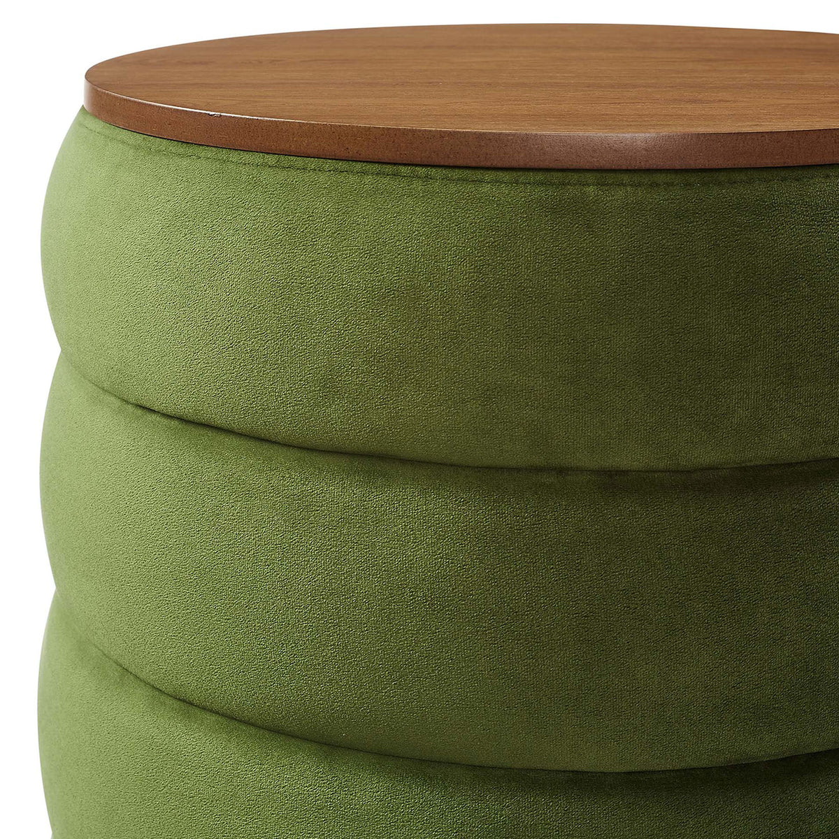 Detail of the channel tufted moss green velvet base and smooth wood veneer ottoman lid || EEI-6684-MOG || detail_studio