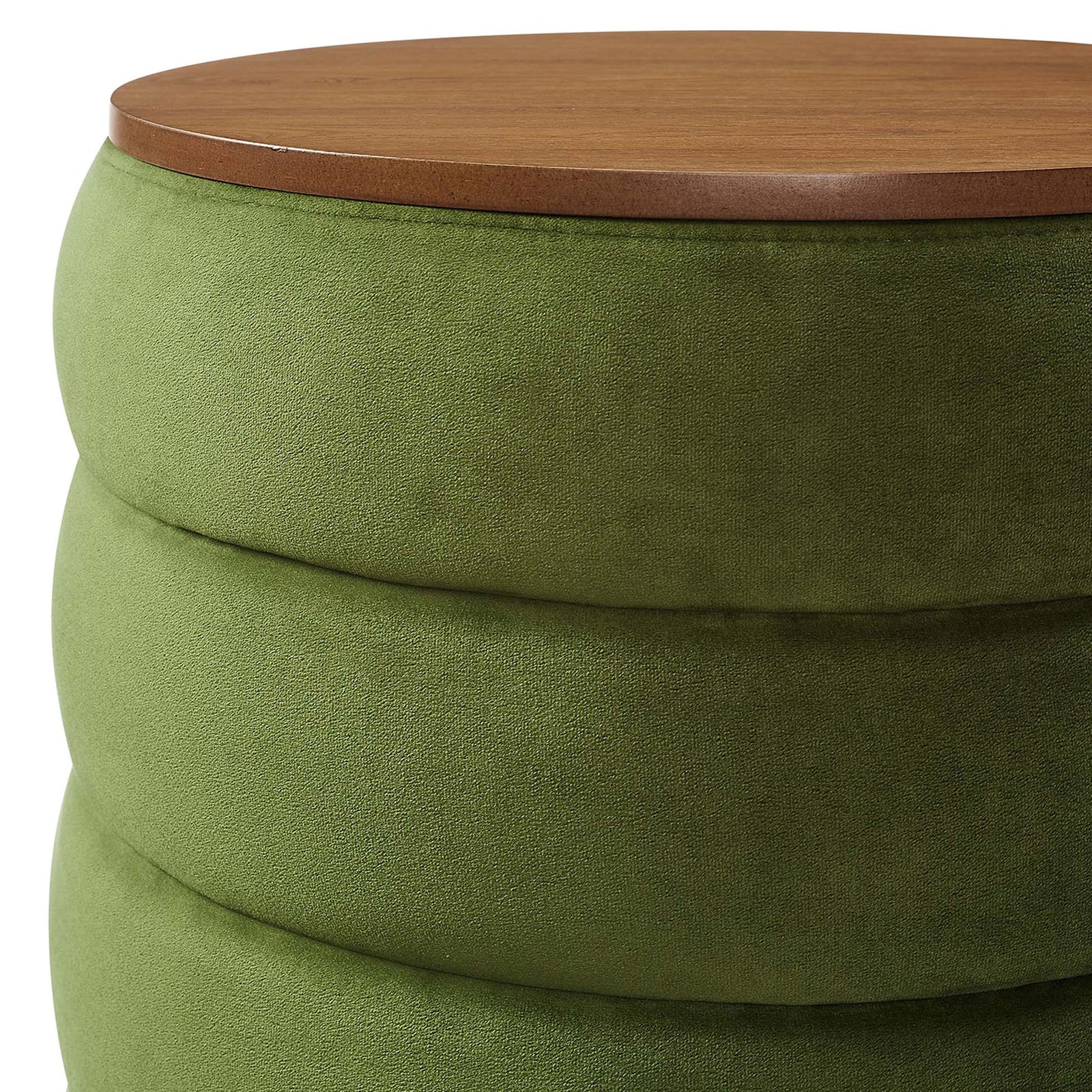 Detail of the channel tufted moss green velvet base and smooth wood veneer ottoman lid || EEI-6684-MOG || detail_studio