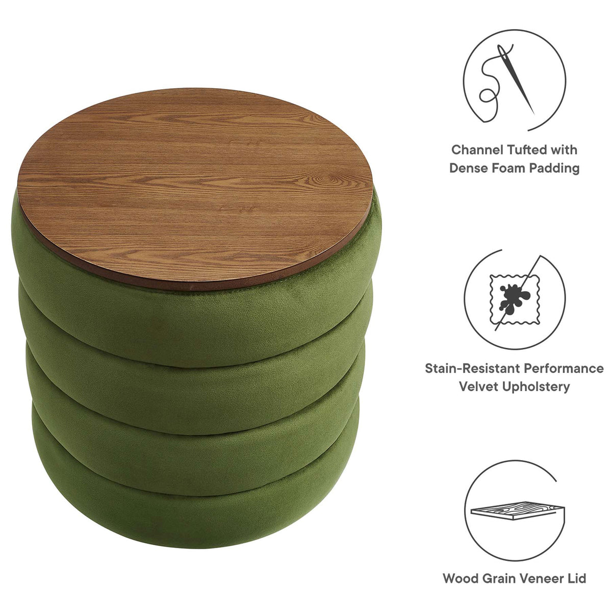 Features channel tufted dense foam cushioning, stain-resistant velvet upholstery, and a wood grain veneer lid || EEI-6684-MOG || callout_studio